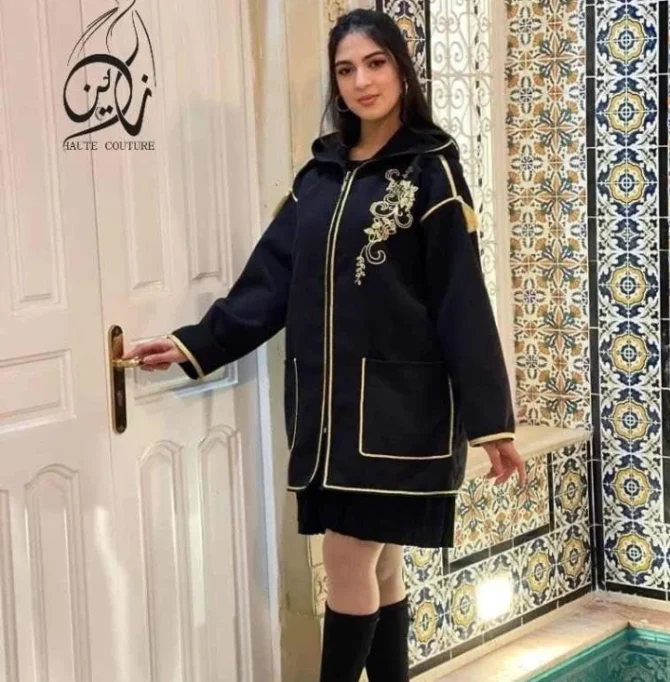 Kachabia cachemire brodé au contile et paillette Noir - ZIN HAUTE COUTURE